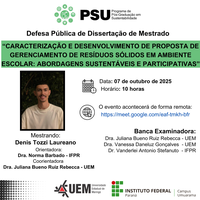 07/10/2025 - DEFESA DE DISSERTAÇÃO - Mestrando: Denis Tozzi Laureano  - Orientadora: Dra.Norma Barbado / Coorientadora Dra. Juliana Bueno Ruiz Rebecca